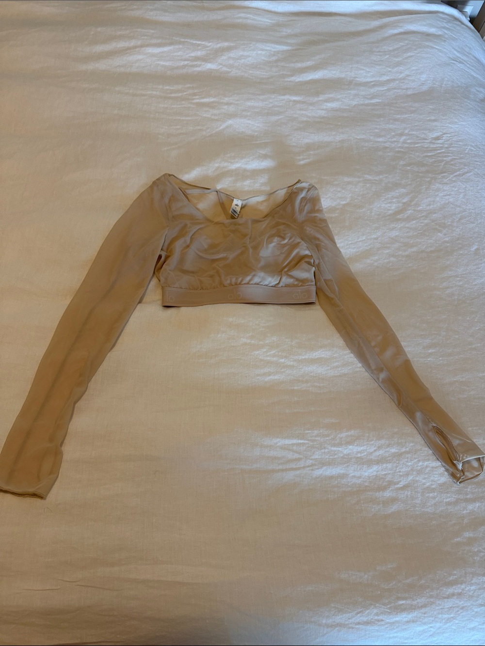 ALO Yoga Sheer Long-Sleeve Crop Top in Nude Tan